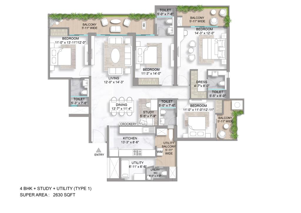 4 Bhk + Study + Utility 2630 Sq. Ft.